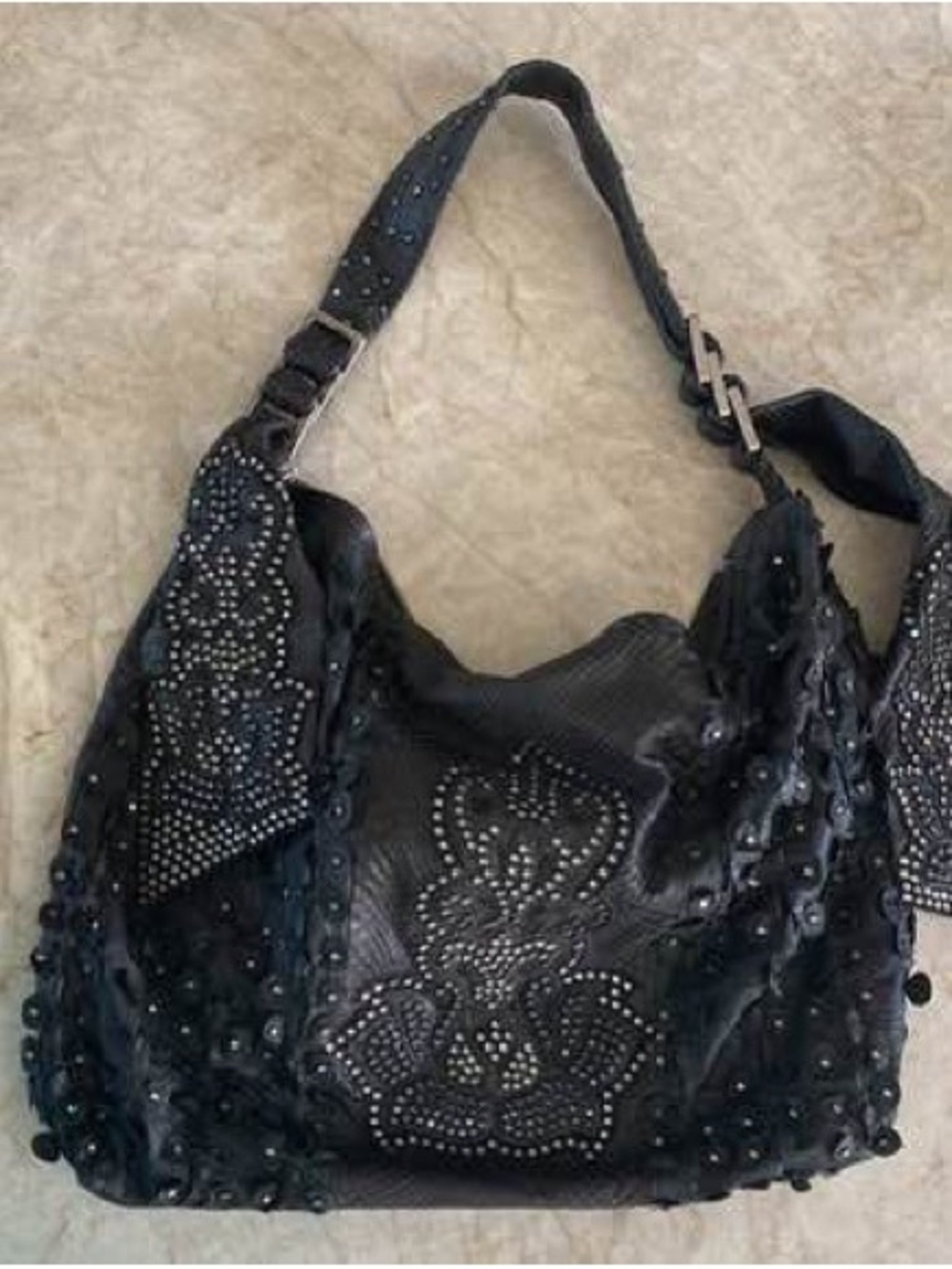 Kippys Black Studded Shoulder Hobo with Decorative Beading